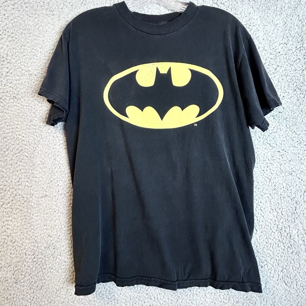 VTG Batman Logo T-Shirt Men's Black Yellow DC Comics Graphic Tee Size Medium